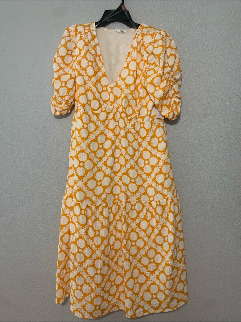 Time and Tru Yellow and White Floral V-Neck Midi Dress